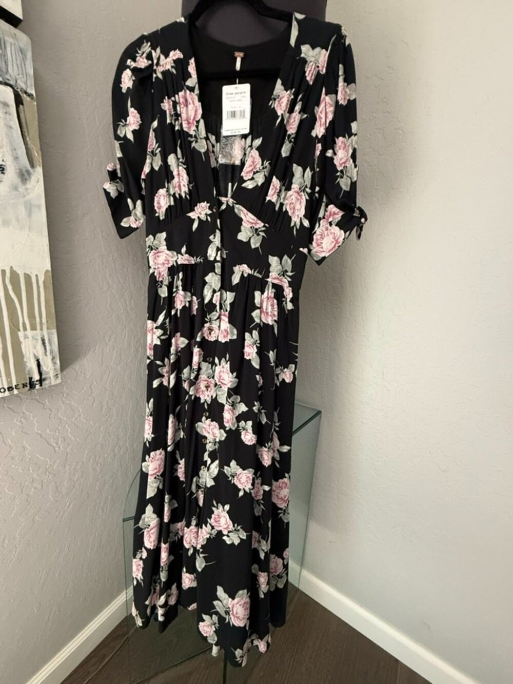 Free People dress (midi/maxi), size S, Black, pink, sage, white floral print